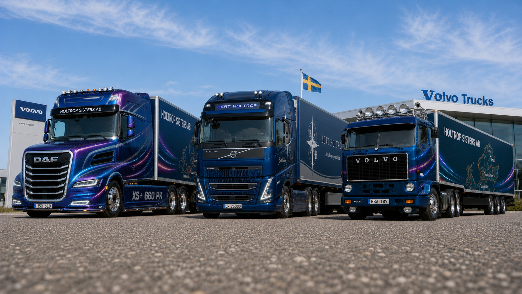 DAF XS+, Volvo FH Aero Electric and Volvo F89 Holtrop truck combinations lined up side by side